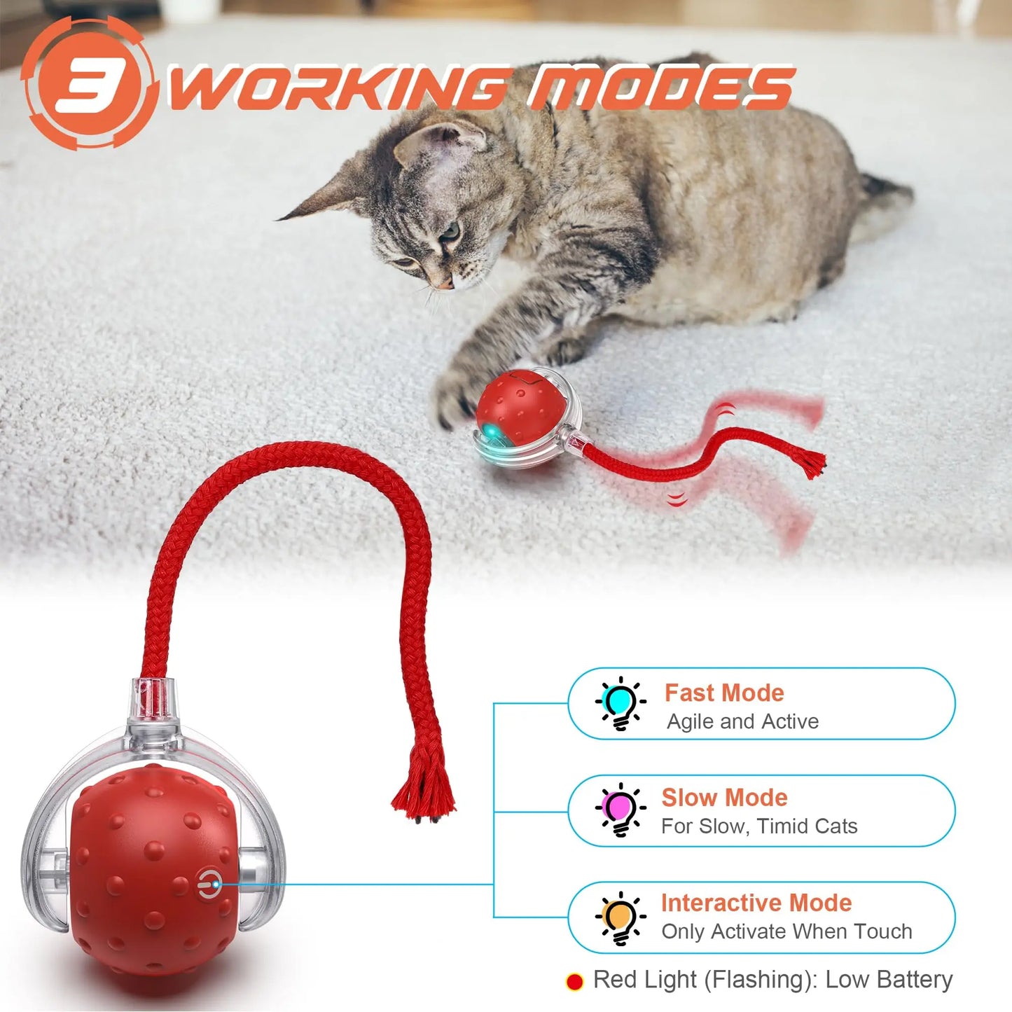 Pet Toy nteractive Rolling Cat Ball, Dog Toys Indoor, 360° Smart Automatic Rolling Ball Faux Tail Rechargeable Electric Pet Toy