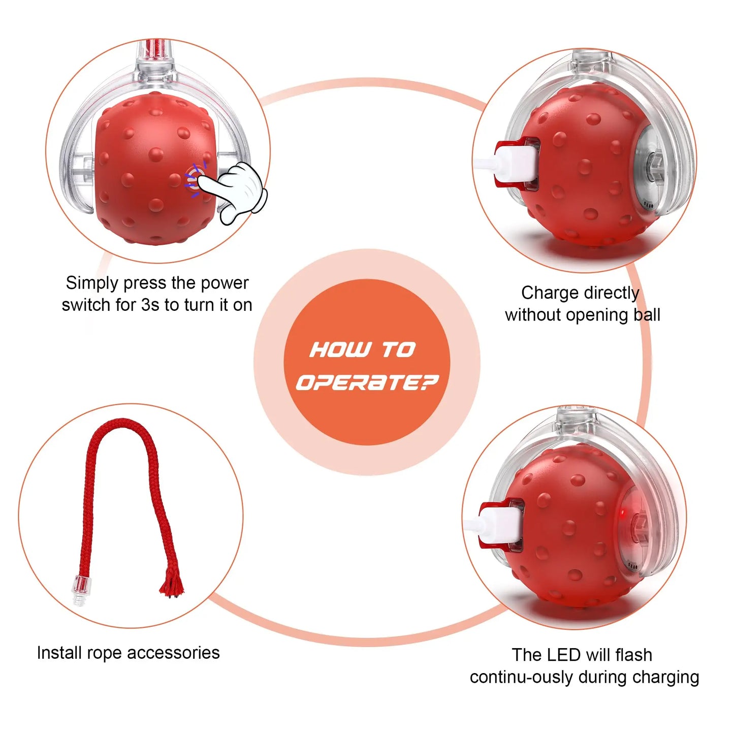 Pet Toy nteractive Rolling Cat Ball, Dog Toys Indoor, 360° Smart Automatic Rolling Ball Faux Tail Rechargeable Electric Pet Toy