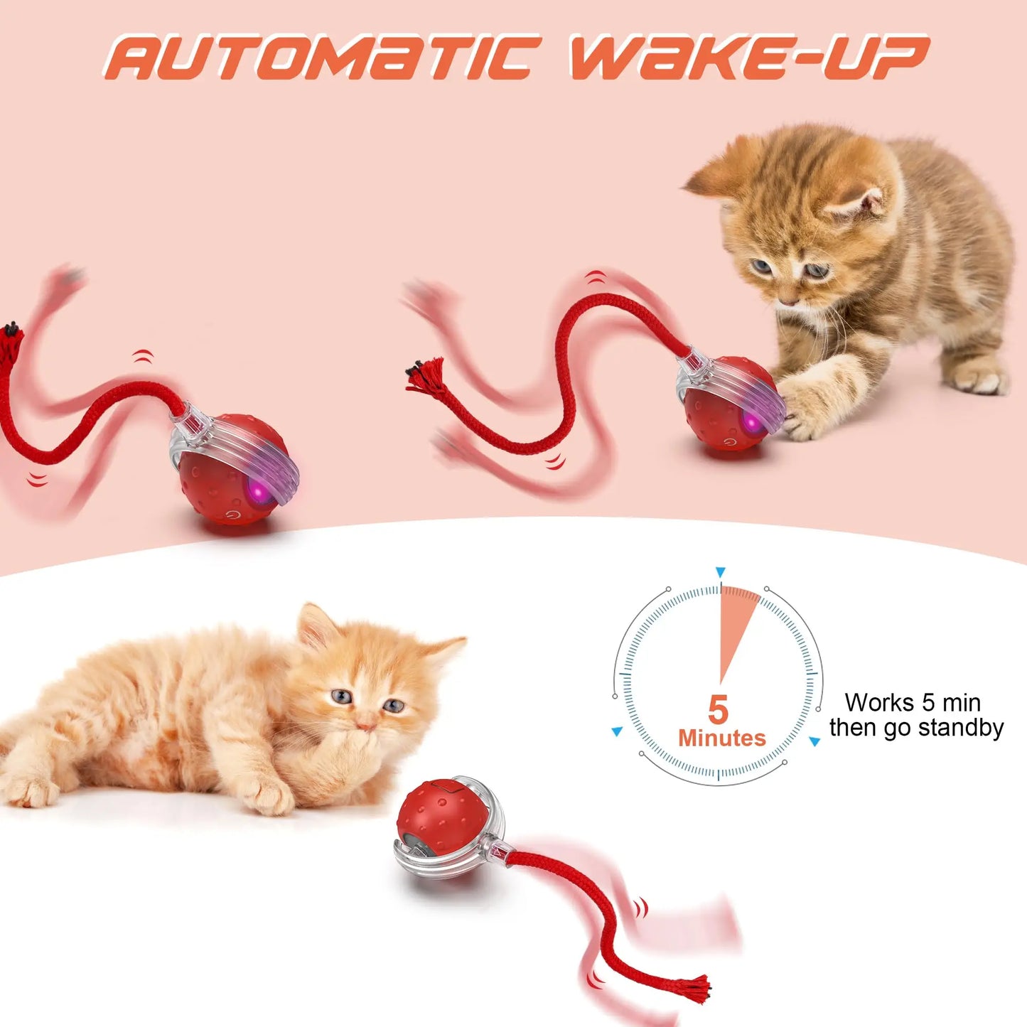 Pet Toy nteractive Rolling Cat Ball, Dog Toys Indoor, 360° Smart Automatic Rolling Ball Faux Tail Rechargeable Electric Pet Toy